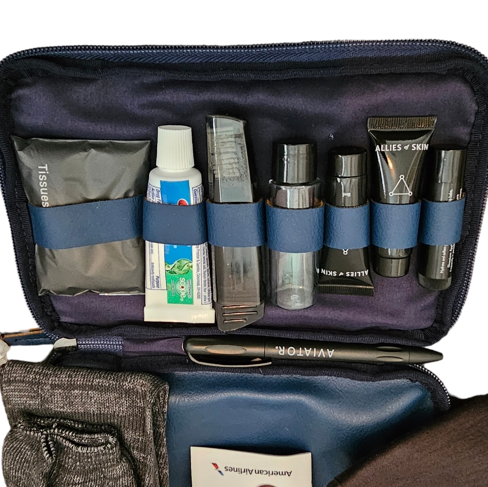 American Airlines First Class Amenities Bag Kit socks Eye Mask Toothpaste - Picture 2 of 8